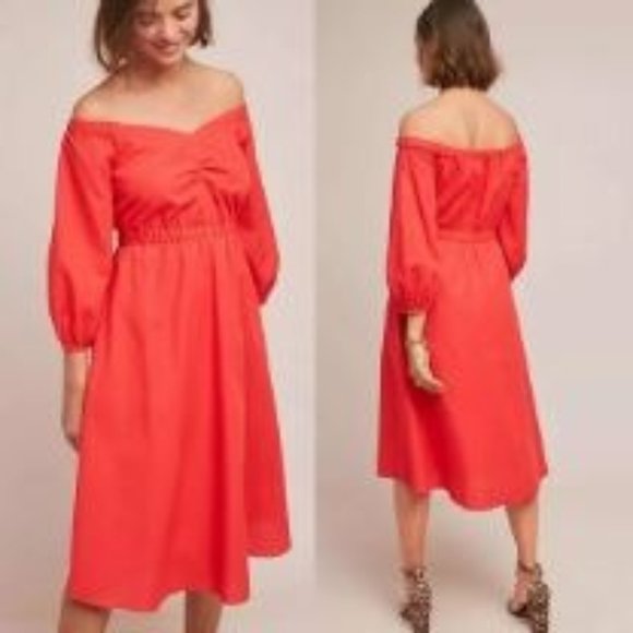 Anthropologie Klara Off The Shoulder Dress Size 0 Red Orange Cotton Midi Boho - Picture 1 of 12